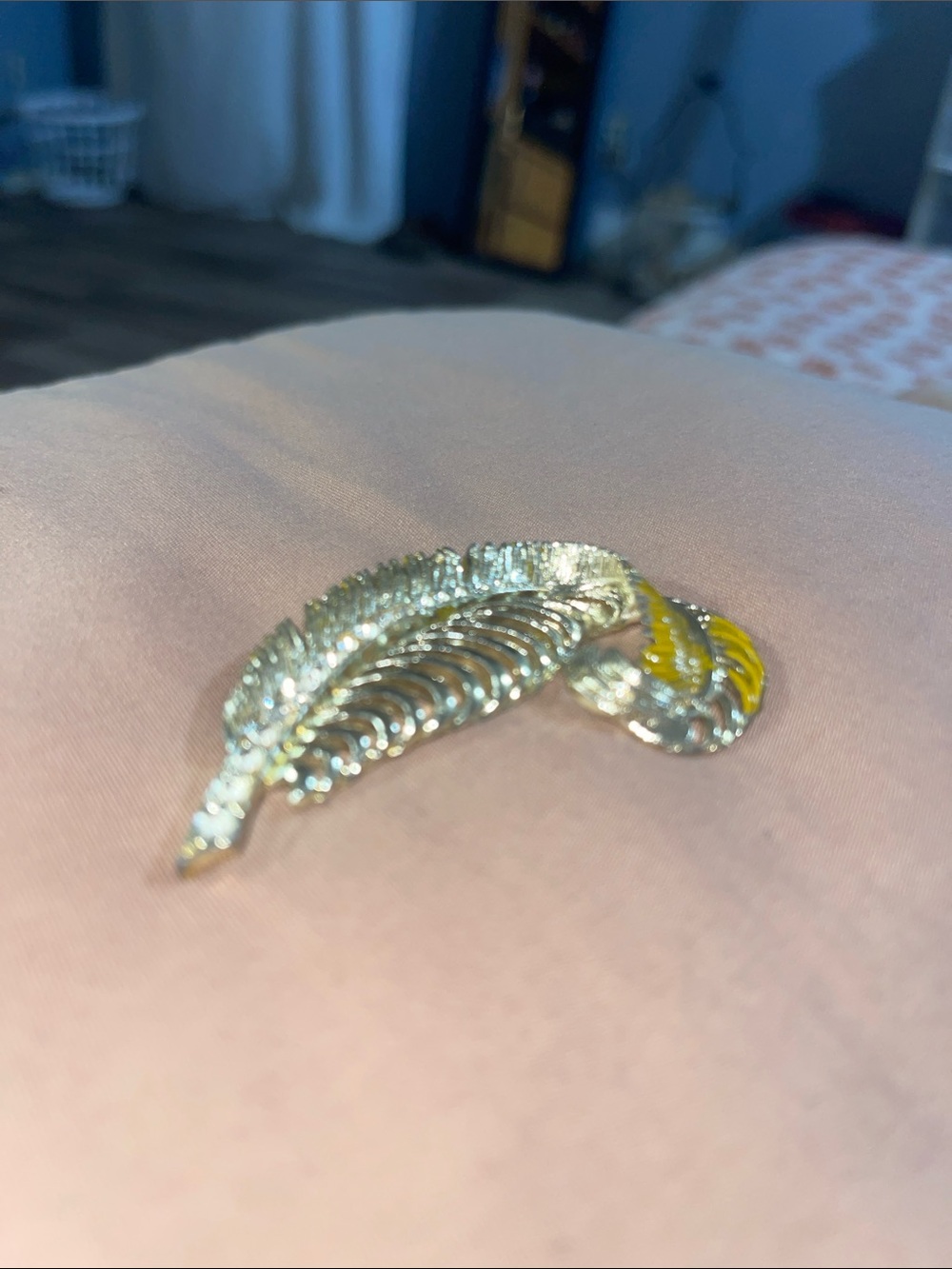 Gold Feather Pin with Yellow Enamel Detail